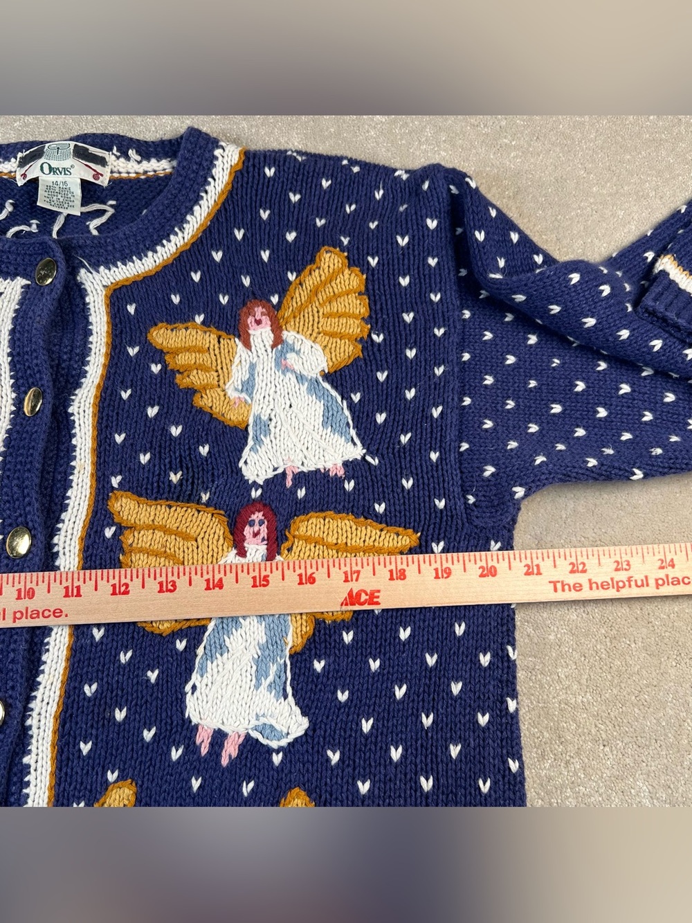 Vintage Orvis Sweater Cardigan Embroidered Angels Button Front Blue 14/16 - Picture 5 of 10